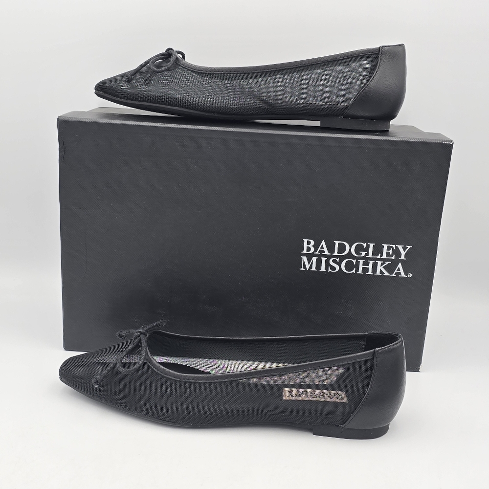 NIB Badgley Mischka Cam Pointed Toe Leather Flats with Bow, Black Mesh, Size 5 - Picture 5 of 14